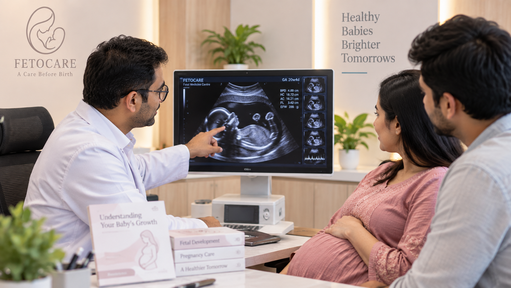Fetal ultrasound image held during a pregnancy consultation