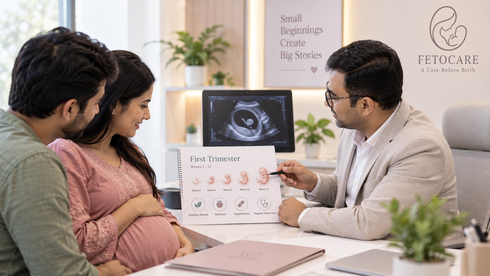 Expectant mother learning about first trimester care