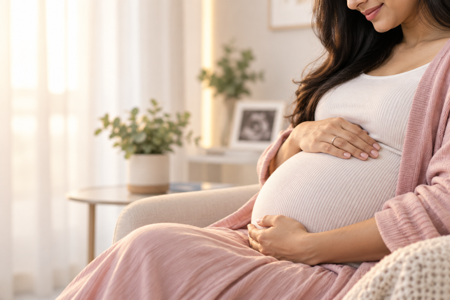 Expectant mother holding her belly in warm natural light