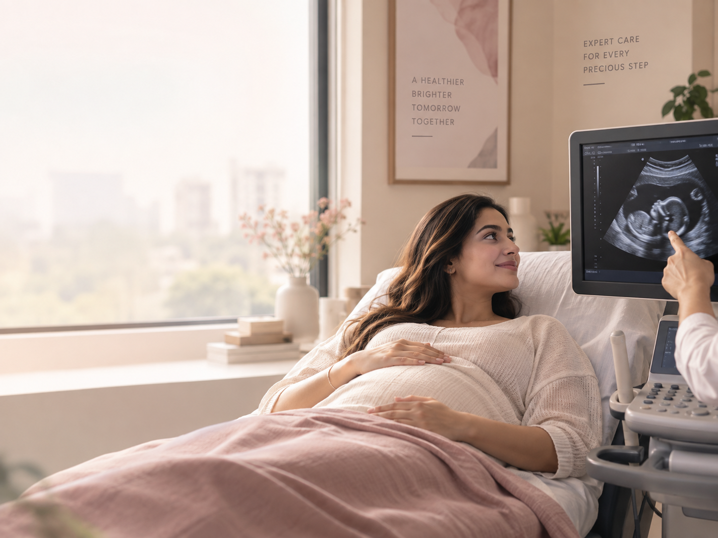 Expectant mother beside a fetal ultrasound monitor in a softly lit room