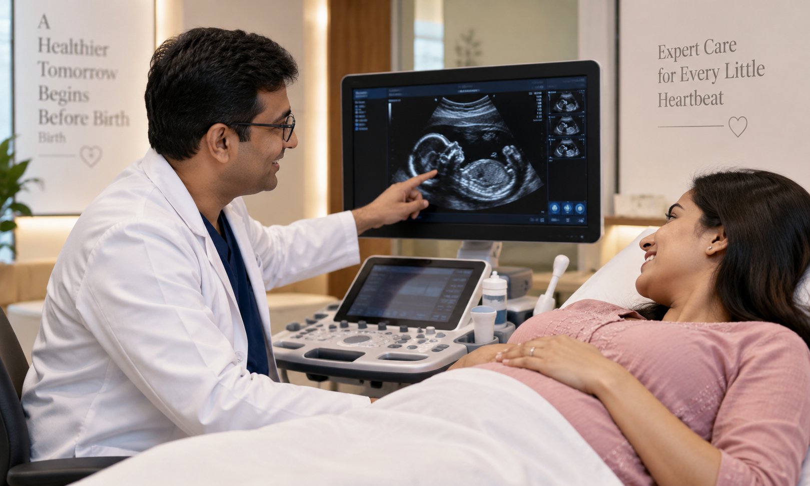 Fetal medicine specialist reassuring an expectant mother during an ultrasound examination